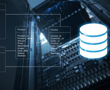 A flowchart showing different data point names connected to a server to represent invoice data being extracted.