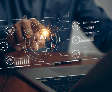 Digital graphic with AI at the center connecting several symbols representing different business processes.