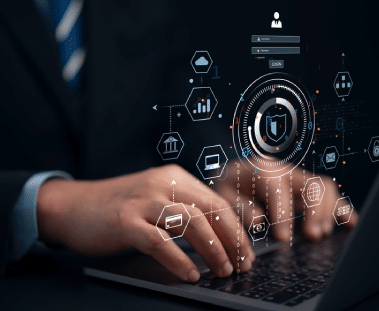 icons representing different data points being displayed over a laptop to represent a centralized digital database.