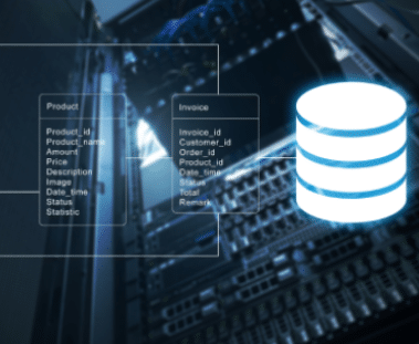 A flowchart showing different data point names connected to a server to represent invoice data being extracted.