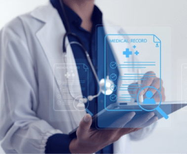 Icons representing documents being searched overlaid on an image of a healthcare worker on a tablet.