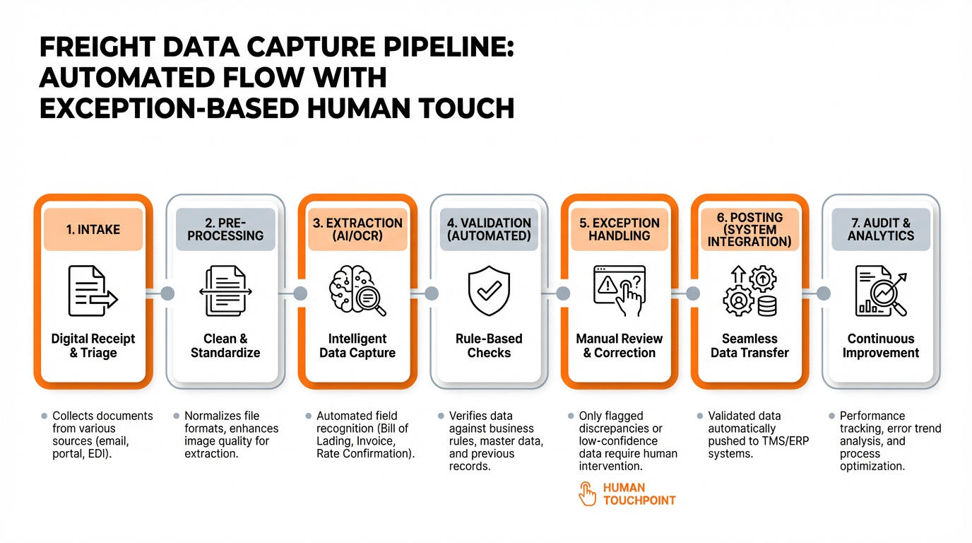 Horizontal infographic illustrating a seven-step freight data capture pipeline from intake to posting and audit, showing numbered steps, line icons, minimal human exception markers, and color-coded progress highlights. Clean, flat design with white background, black text, orange accents, and cool-gray annotations for clarity and readability.