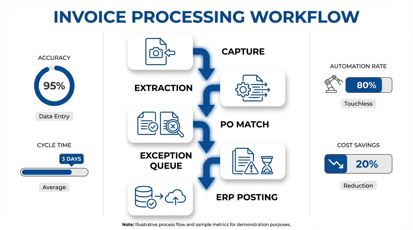 Infographic showing an invoice process flow from capture to ERP posting in a central column with side metrics for accuracy and cycle time, using line icons and deep blue accents on a white background.