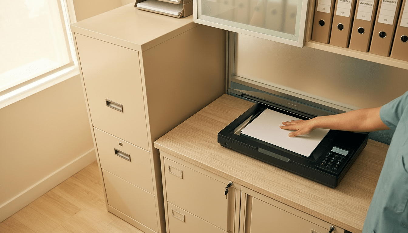 Top-down view of a modern healthcare records room showing a secure scanning station, locked file cabinets and hands placing documents on the scanner under soft natural window light to highlight orderly workflows and data protection.